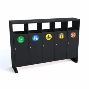 Waste sorting station 5x40 black steel with roof 5 waste fractions