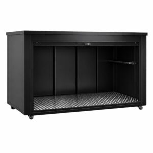 Boks garażowy czarny do przechowywania rowerów przy domu jednorodzinnym, stalowa konstrukcja z roletą aluminiową