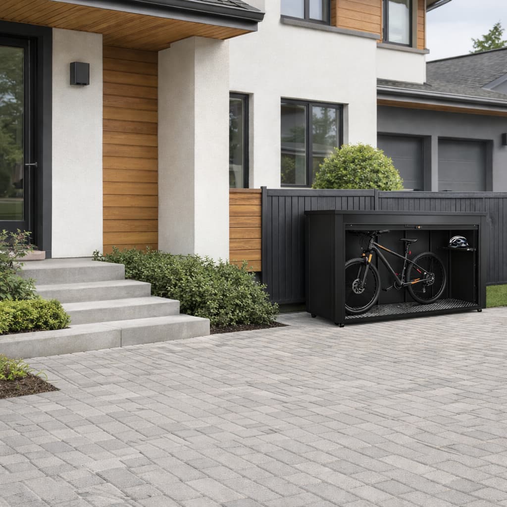 Black garage box for bicycle storage at a single-family home, steel construction with aluminum roller shutter